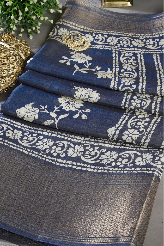 Navy Color Cotton Silk Block Printed Saree