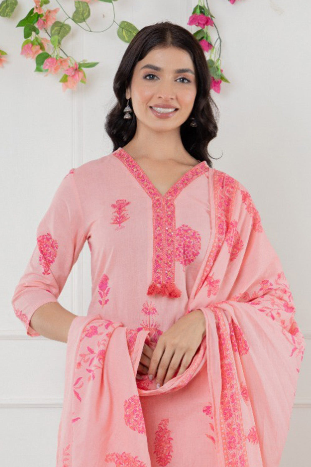 Baby Pink Cotton Floral Printed Suit Set