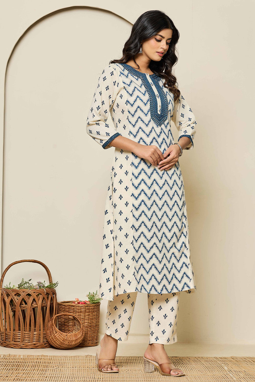 Cream & Navy Color Khadi Cotton Printed Kurta Set