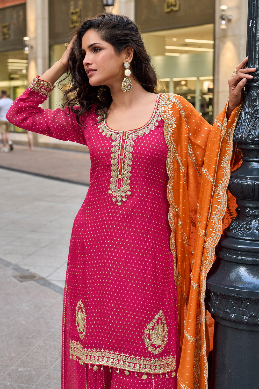 Fushia Pink Crepe Silk Embroidered Suit With Palazzo