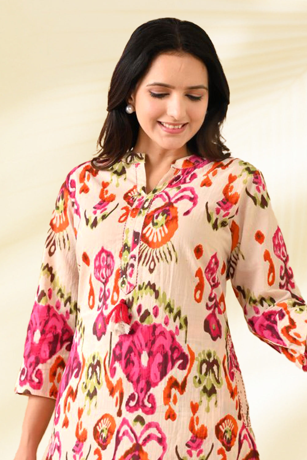 Cream & Magenta Color Printed Kurta Set