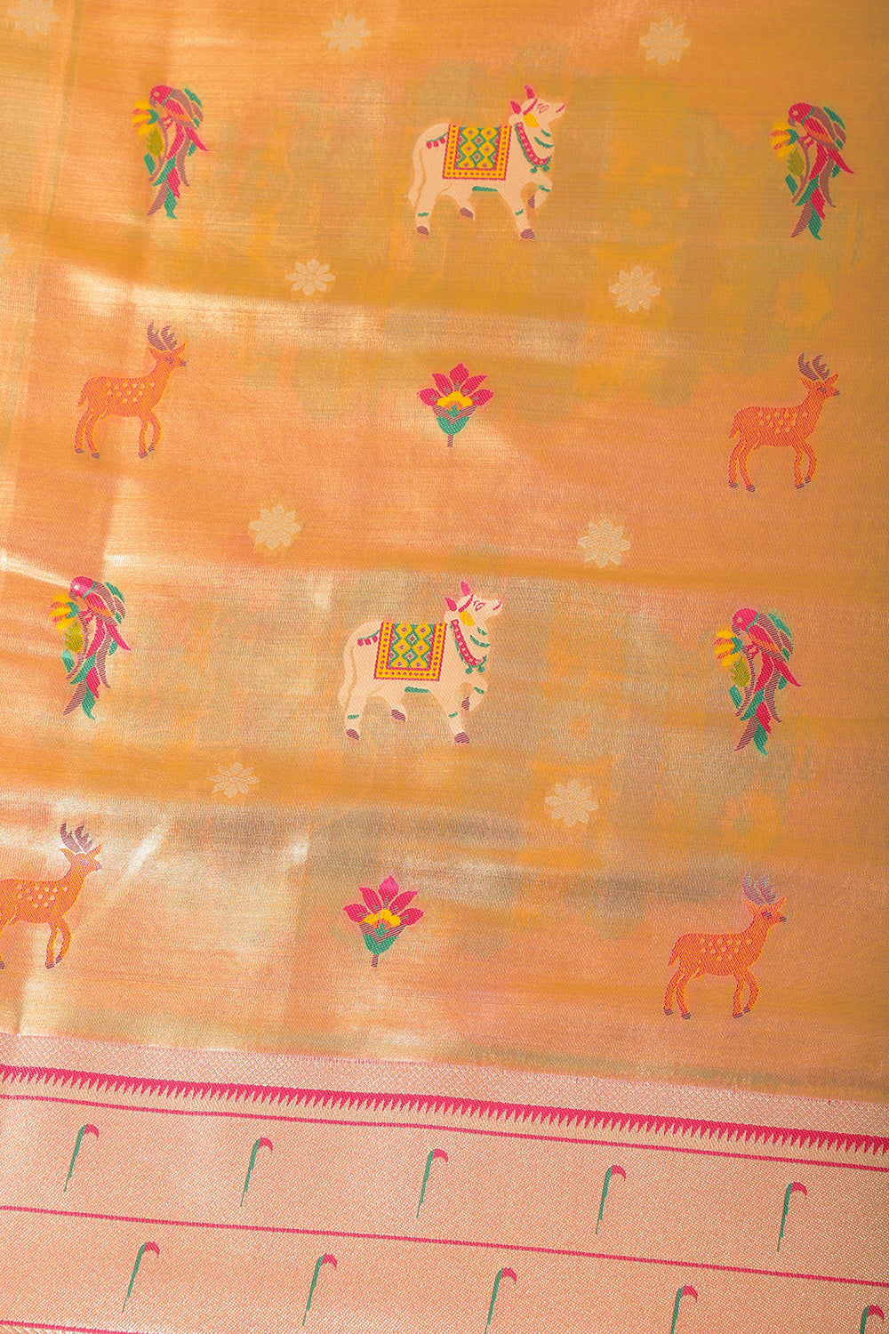 Gold & Red Duo-Chrome Tissue Silk  Pathani Work Saree