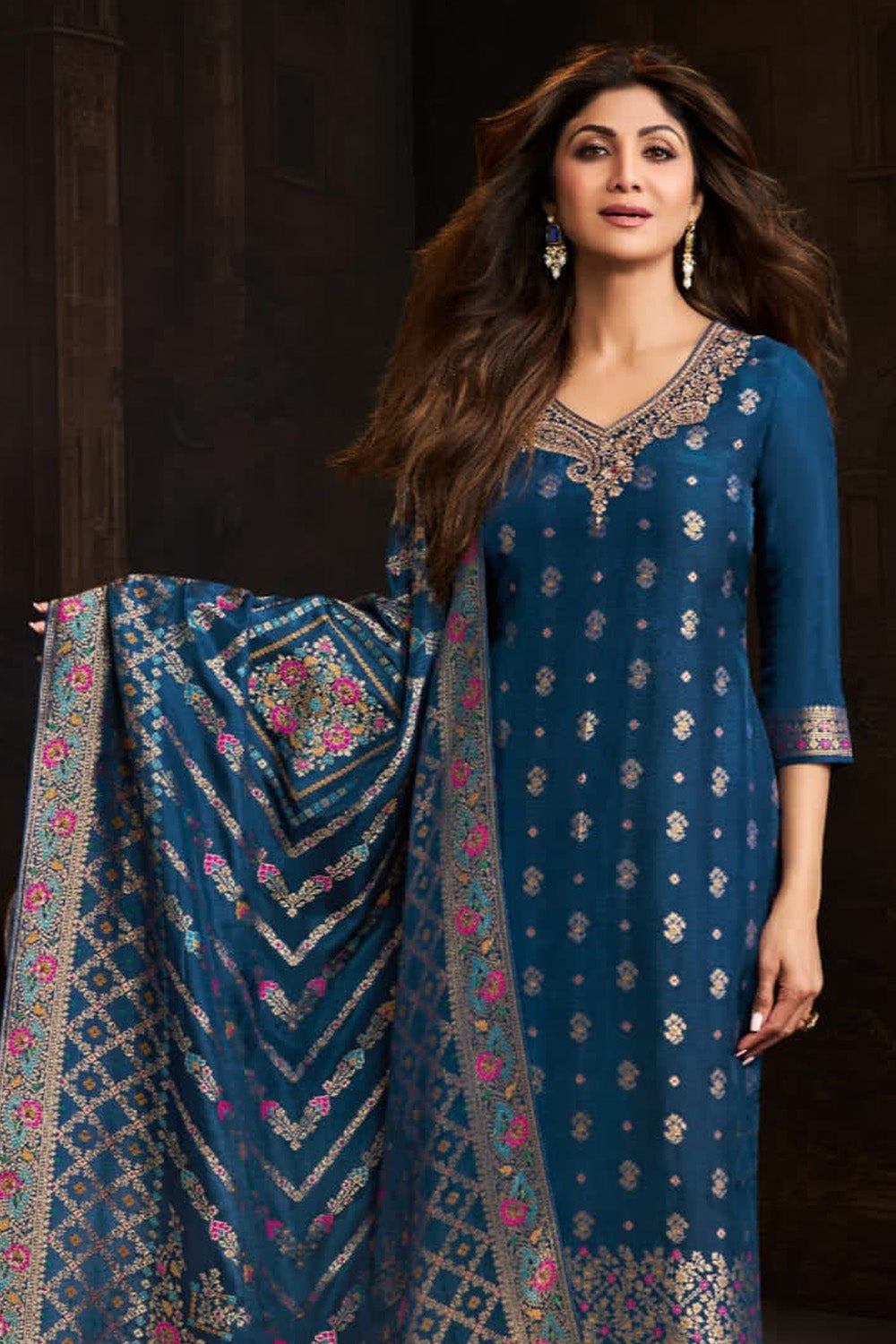 Blue Silk Neck Embroidered And Zari Woven Suit With Woven Dupatta Set