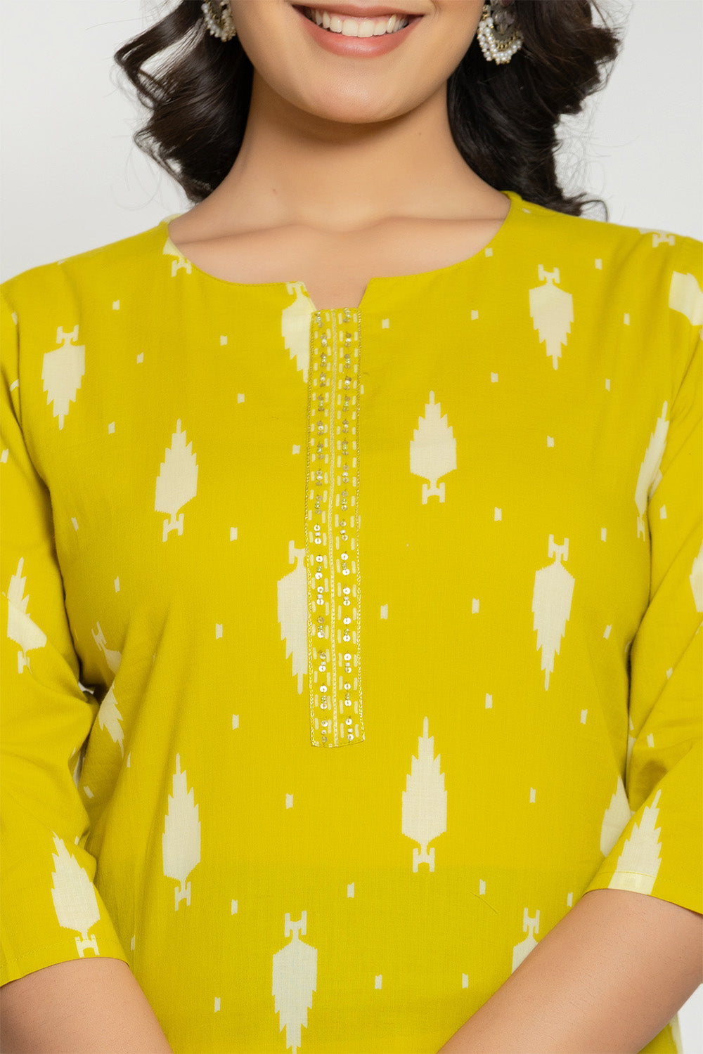 Lemon Cotton Printed Straight Suit