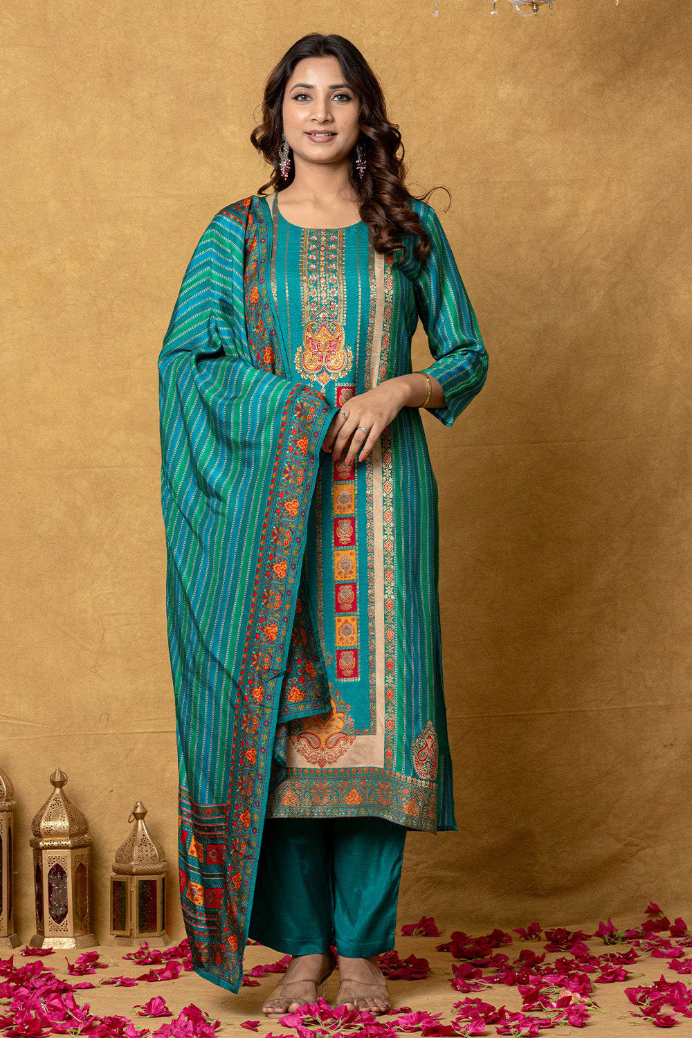 Teal & Blue Crepe Silk Printed Suit Set