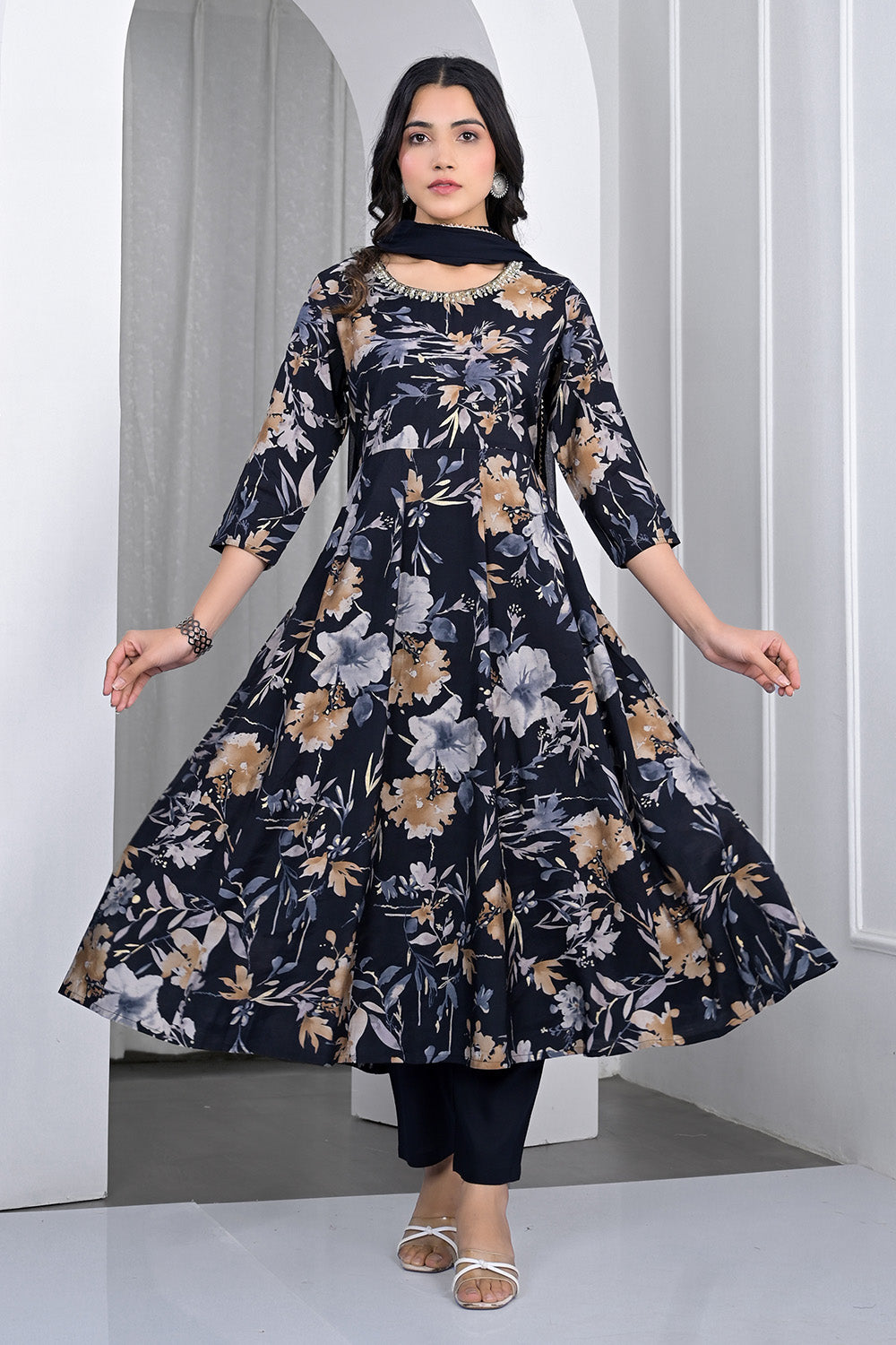Navy Muslin Floral Printed Anarkali Suit