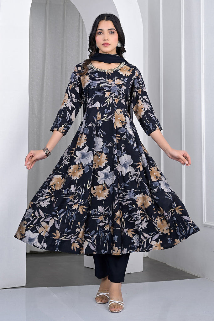 Navy Muslin Floral Printed Anarkali Suit