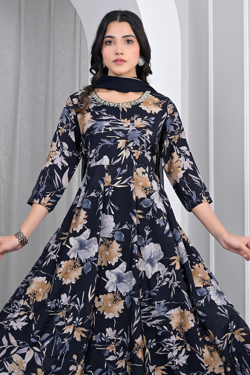 Navy Muslin Floral Printed Anarkali Suit