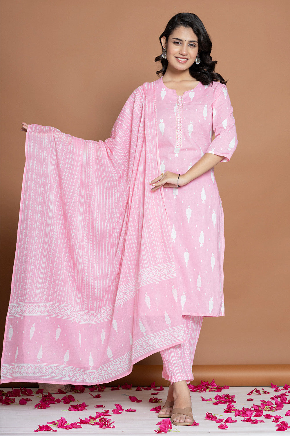 Pink Cotton Printed Straight Suit