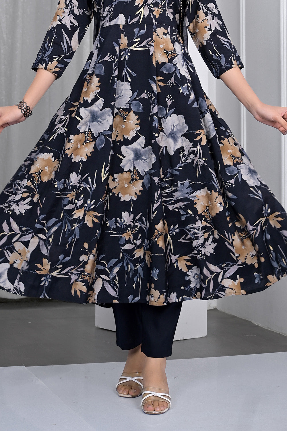 Navy Muslin Floral Printed Anarkali Suit