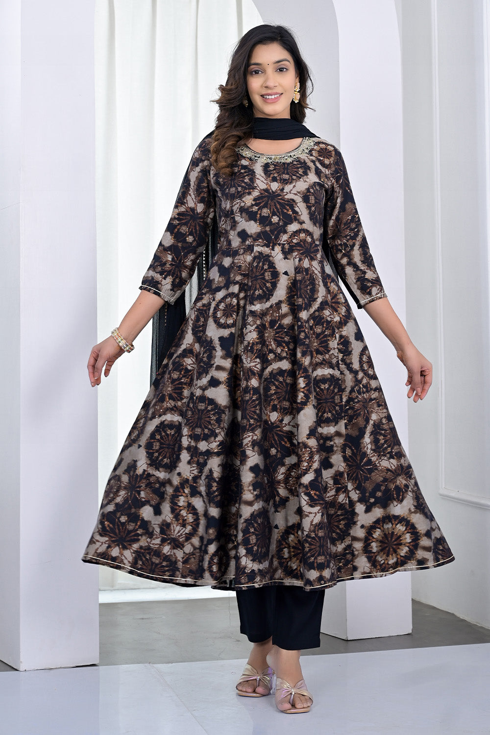 Brown & Black Muslin Floral Printed Anarkali Suit