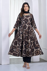 Brown & Black Muslin Floral Printed Anarkali Suit