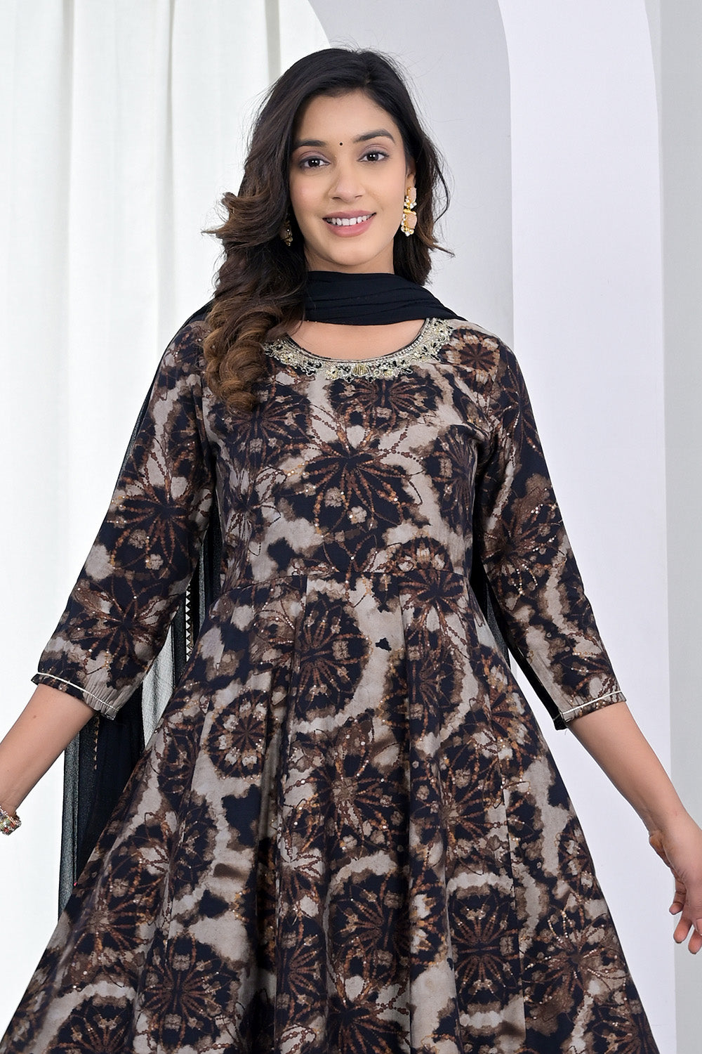 Brown & Black Muslin Floral Printed Anarkali Suit