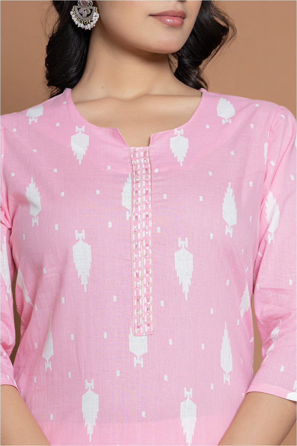 Pink Cotton Printed Straight Suit