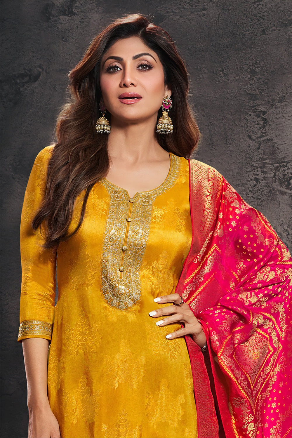 Mustard Silk Embroidered & Woven Suit Set