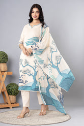 Cream & Blue Cotton Printed Suit