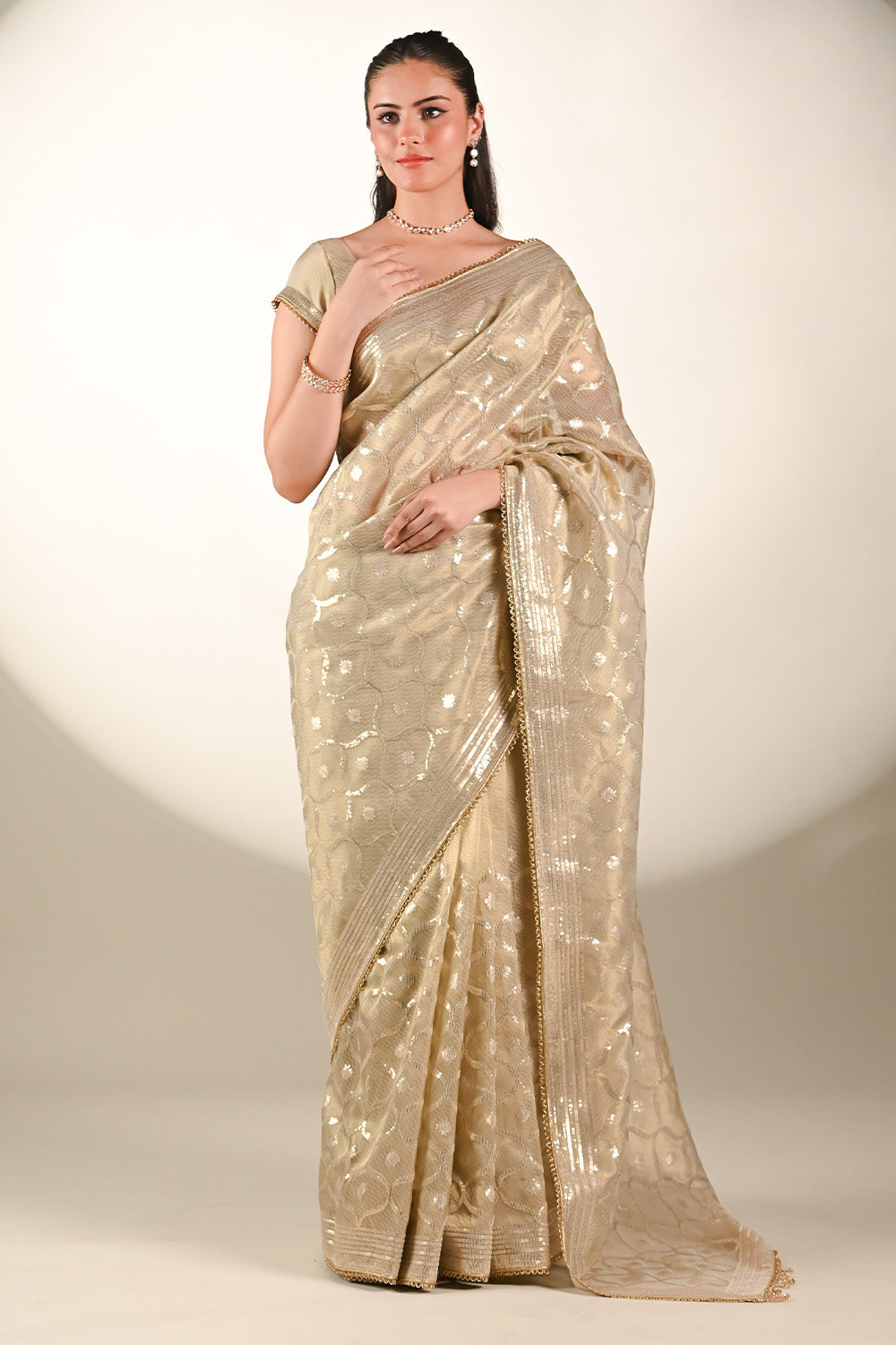 Beige Color Tissue Silk Resham & Sequins Embroidered Saree
