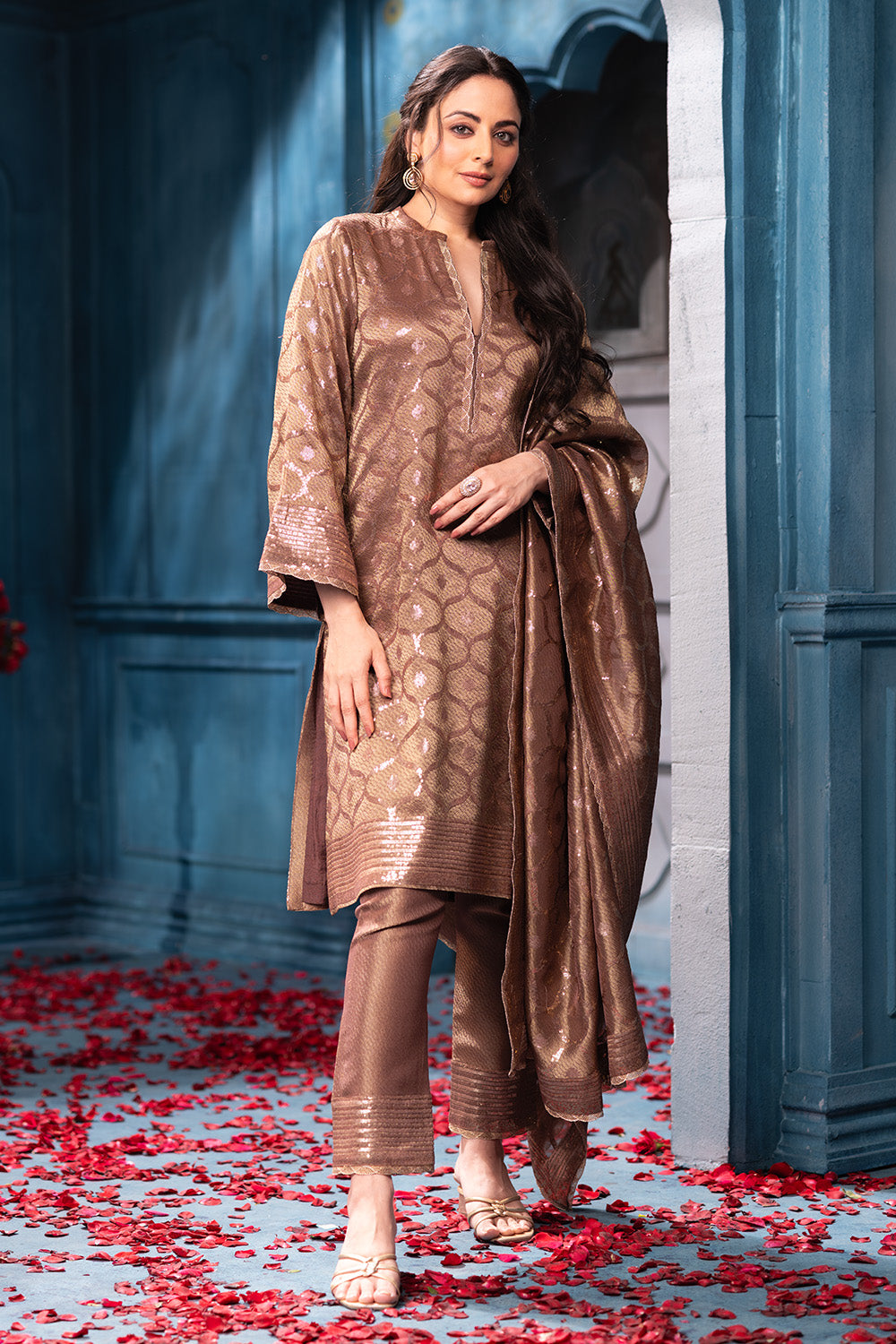 Brown Pure Matelic Tissue Sequins Embroidered Suit