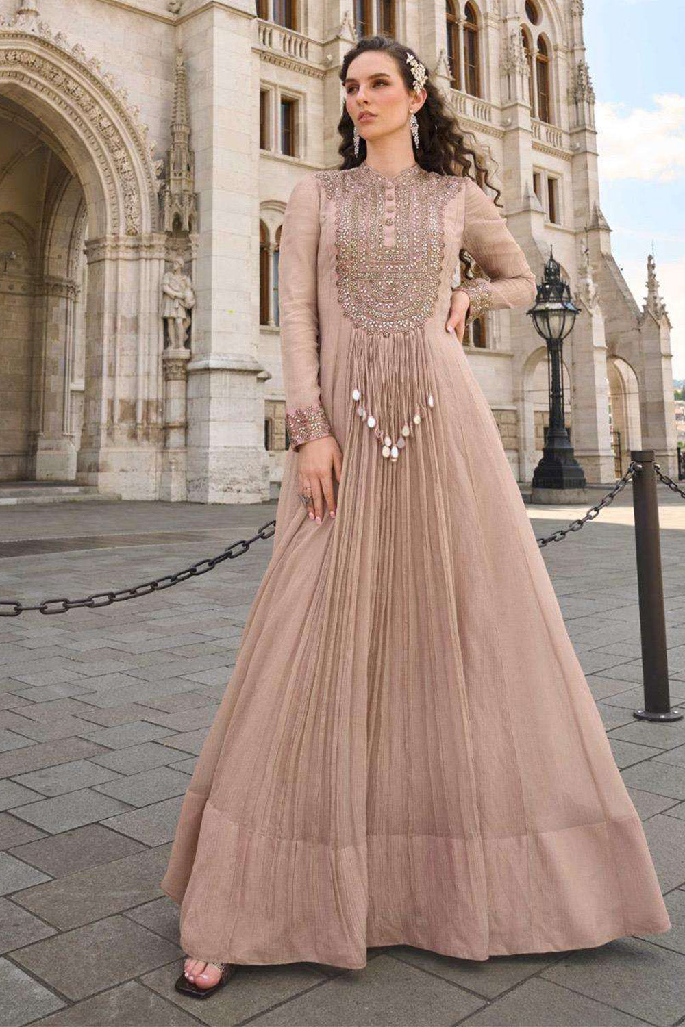 Beige Crush Tissue Mirror Work Anarkali Gown