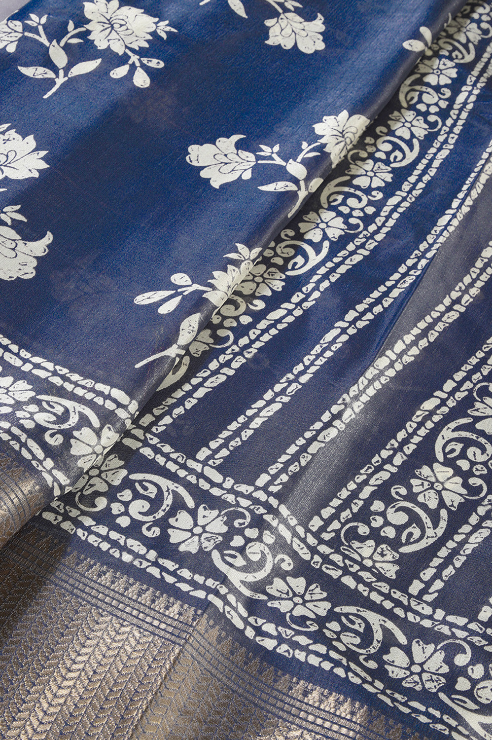 Navy Color Cotton Silk Block Printed Saree