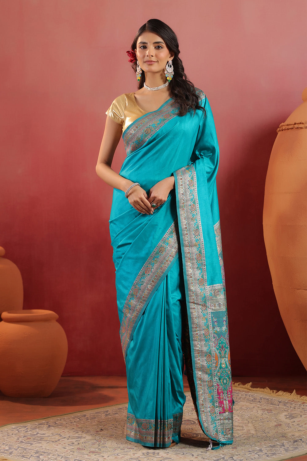 Teal Soft Silk Kalamkari Woven Saree