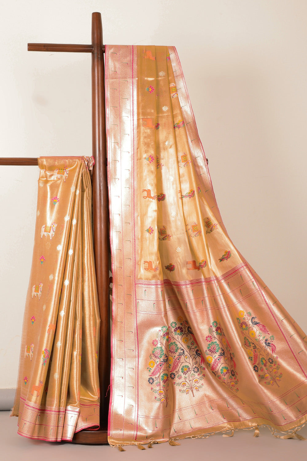 Gold & Red Duo-Chrome Tissue Silk  Pathani Work Saree