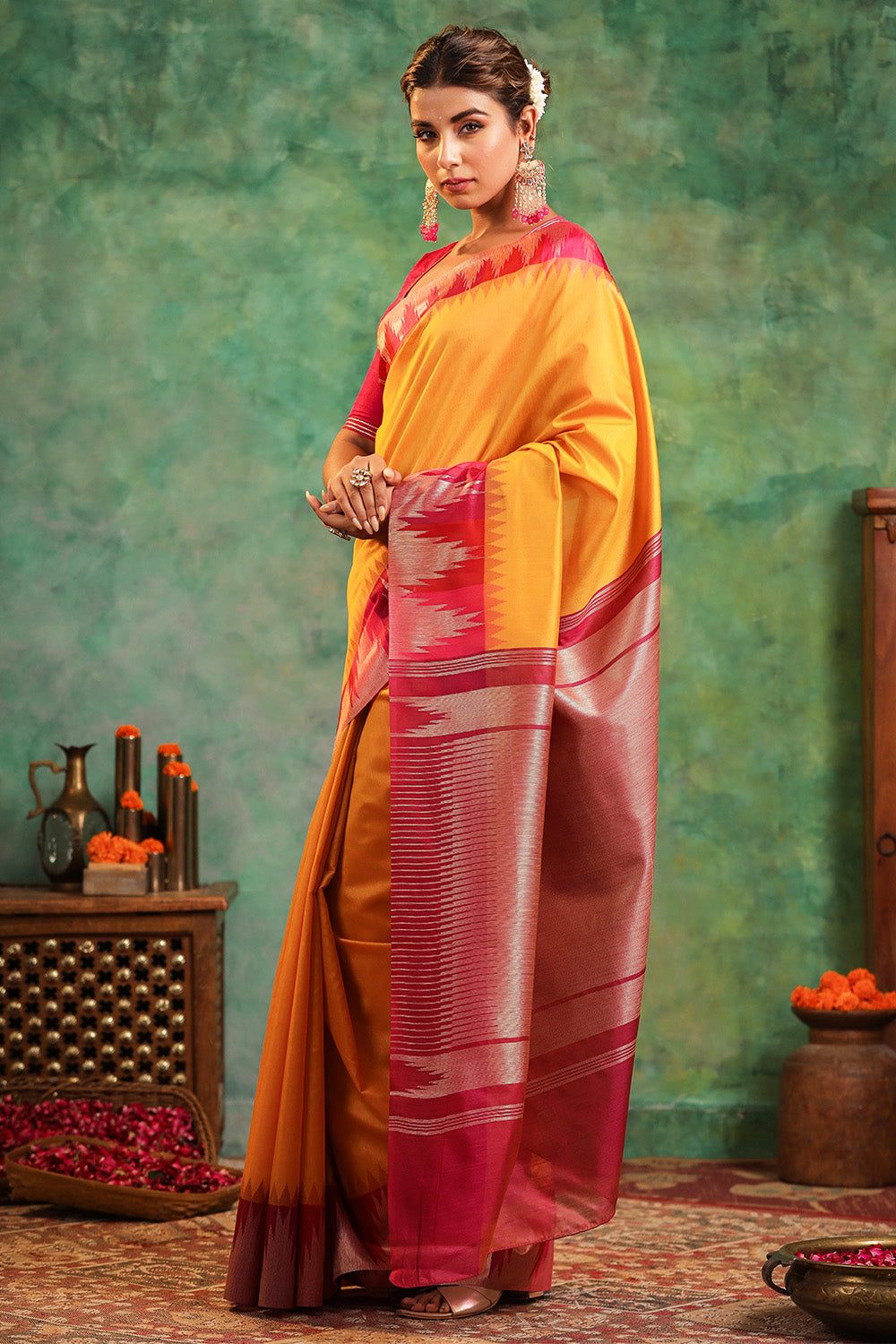 Mustard Color Cotton Silk Woven Saree