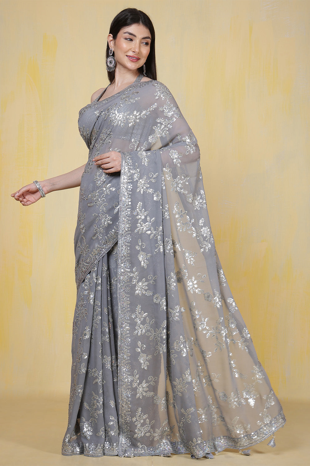 Grey Georgette Sequins Embroidered Saree