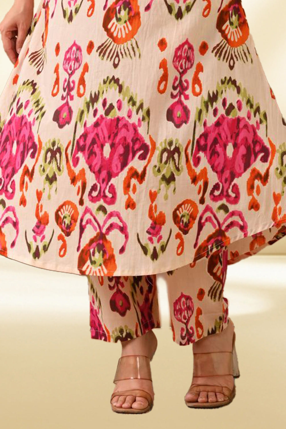 Cream & Magenta Color Printed Kurta Set