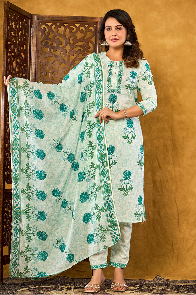 Teal Floral Printed Straight Suit Set
