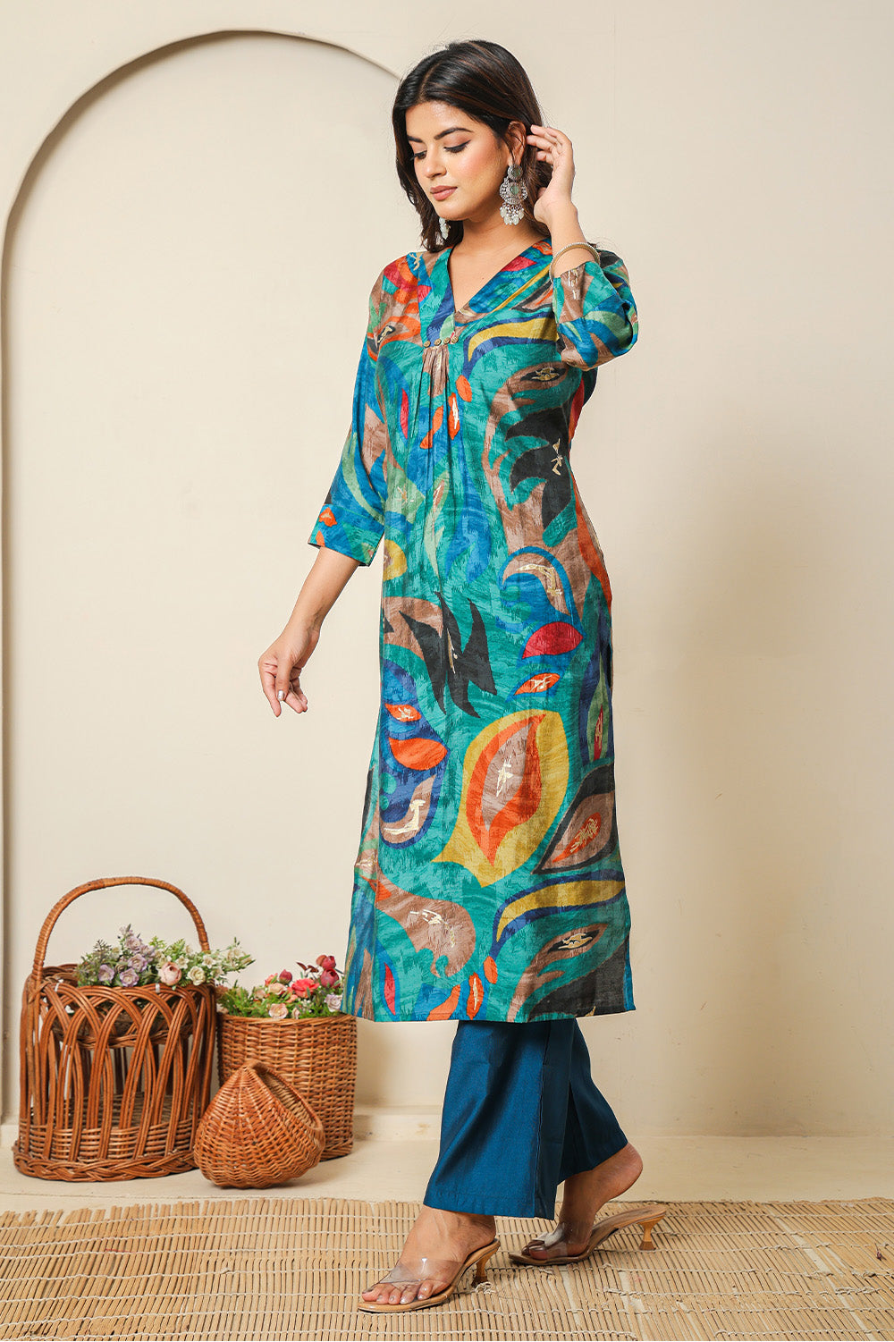 Teal Abstract Printed Muslin Long Kurta