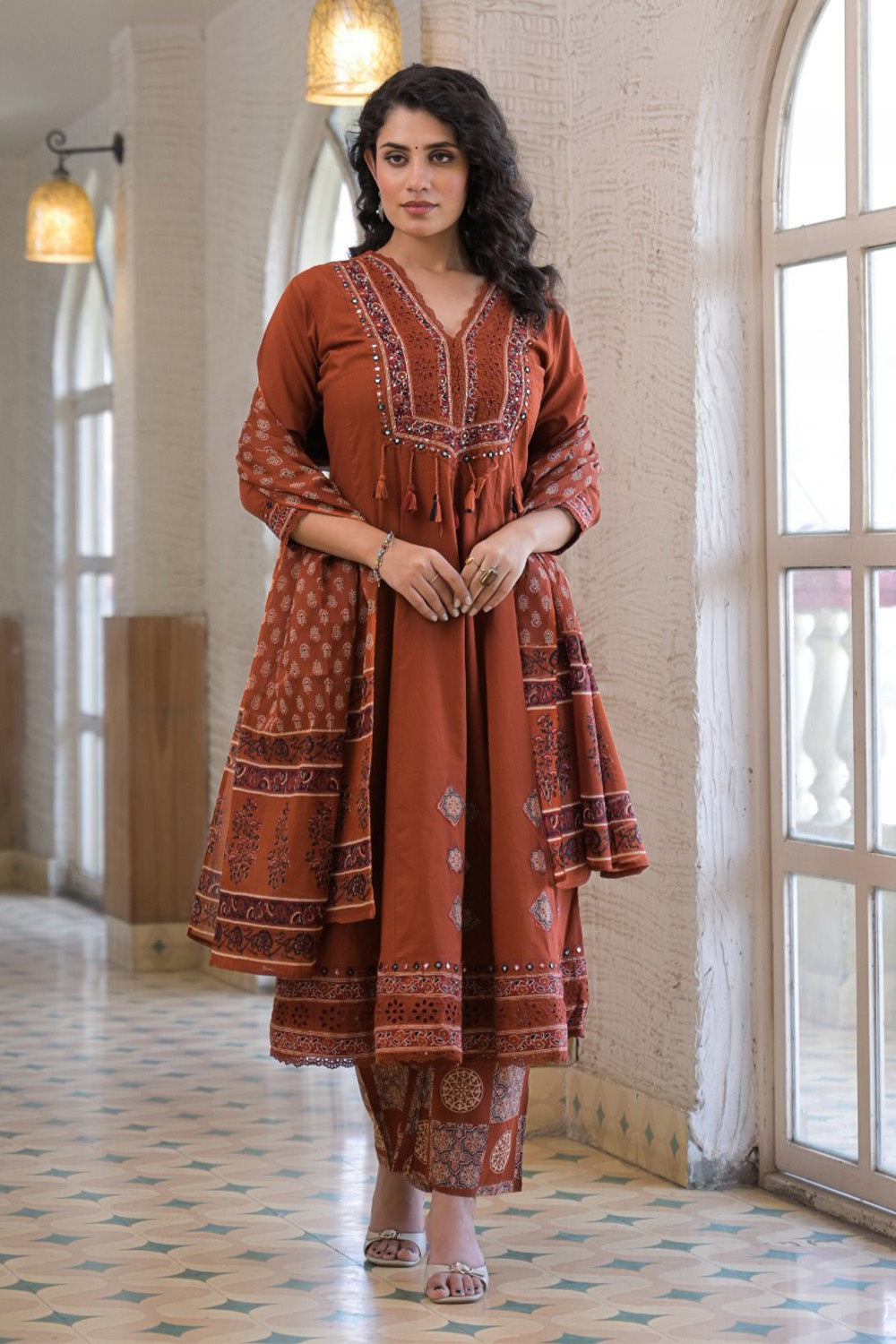 Rust Cotton Neck-Embroidered And Printed Anarkali Suit – Meena Bazaar Shop