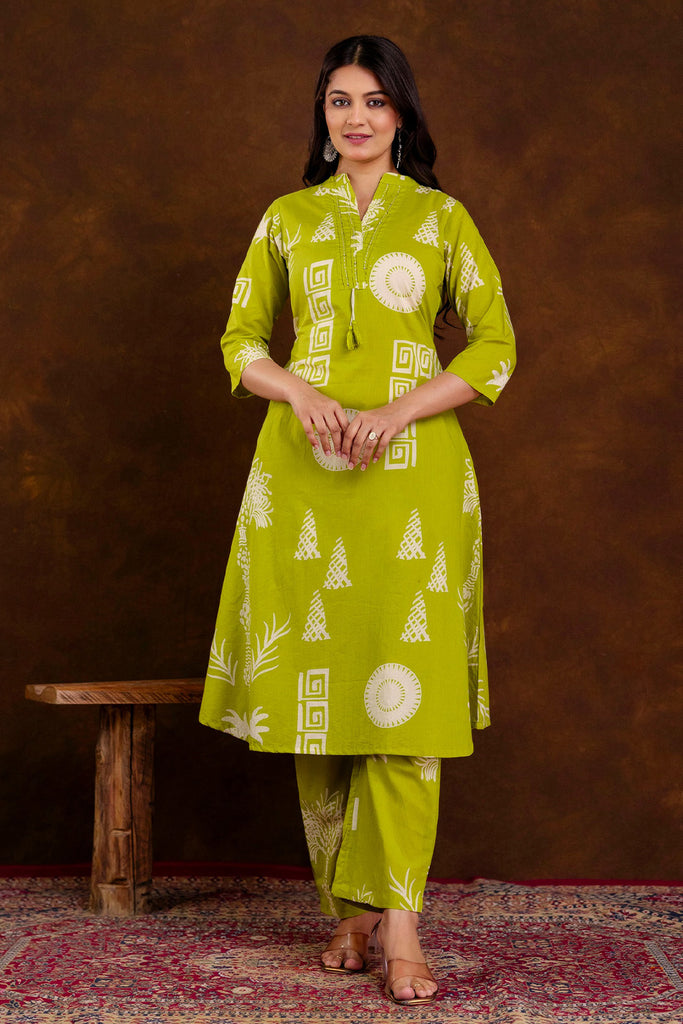Light Green Block Printed Cotton Printed Kurta Set