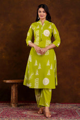 Light Green Block Printed Cotton Printed Kurta Set