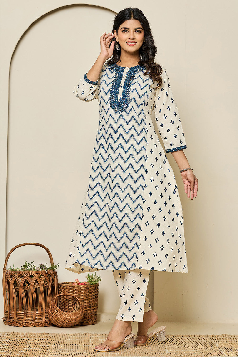 Cream & Navy Color Khadi Cotton Printed Kurta Set