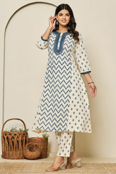 Cream & Navy Color Khadi Cotton Printed Kurta Set