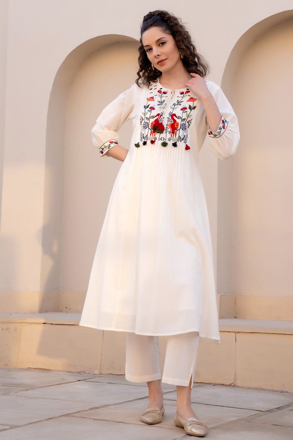 Cream Color Cotton Embroidered Kurta Set