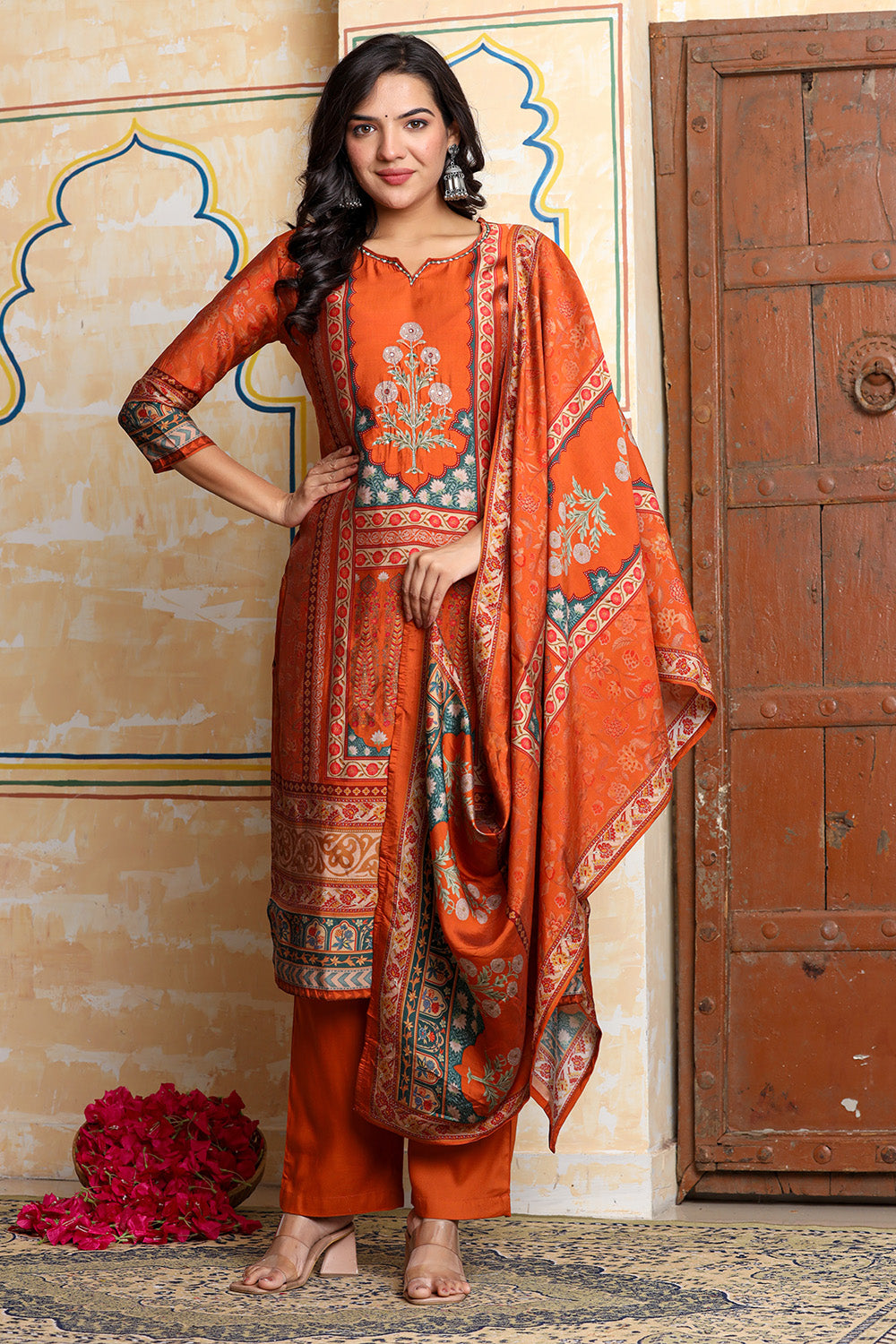 Rust Chanderi Silk Printed Straight Suit