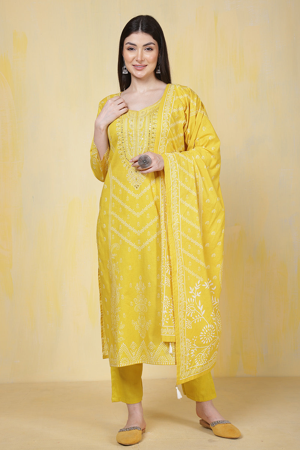 Mustard Cotton Printed & Neck Embroidered Suit