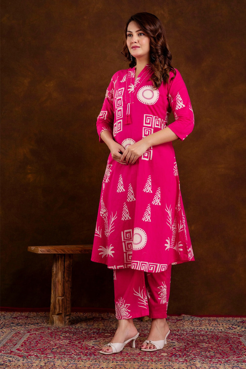 Magenta Block Printed Cotton Printed Kurta Set