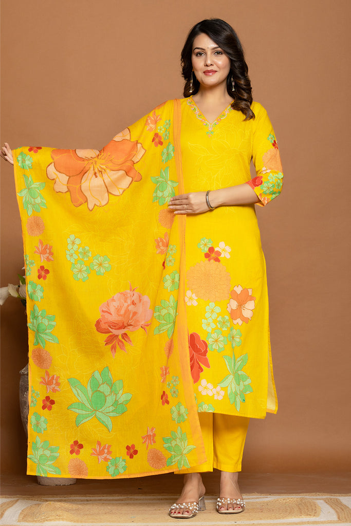 Mustard Floral Printed Cotton Suit Set