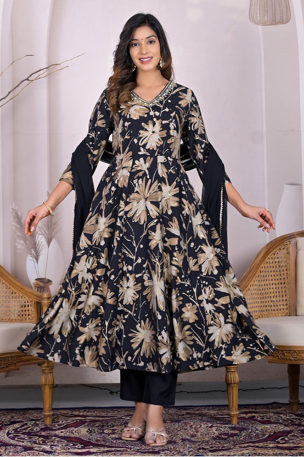 Black Muslin Floral Printed Anarkali Suit