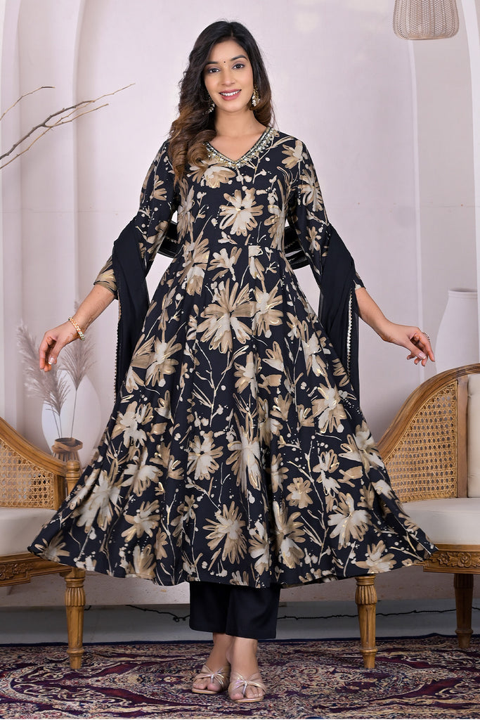 Black Muslin Floral Printed Anarkali Suit