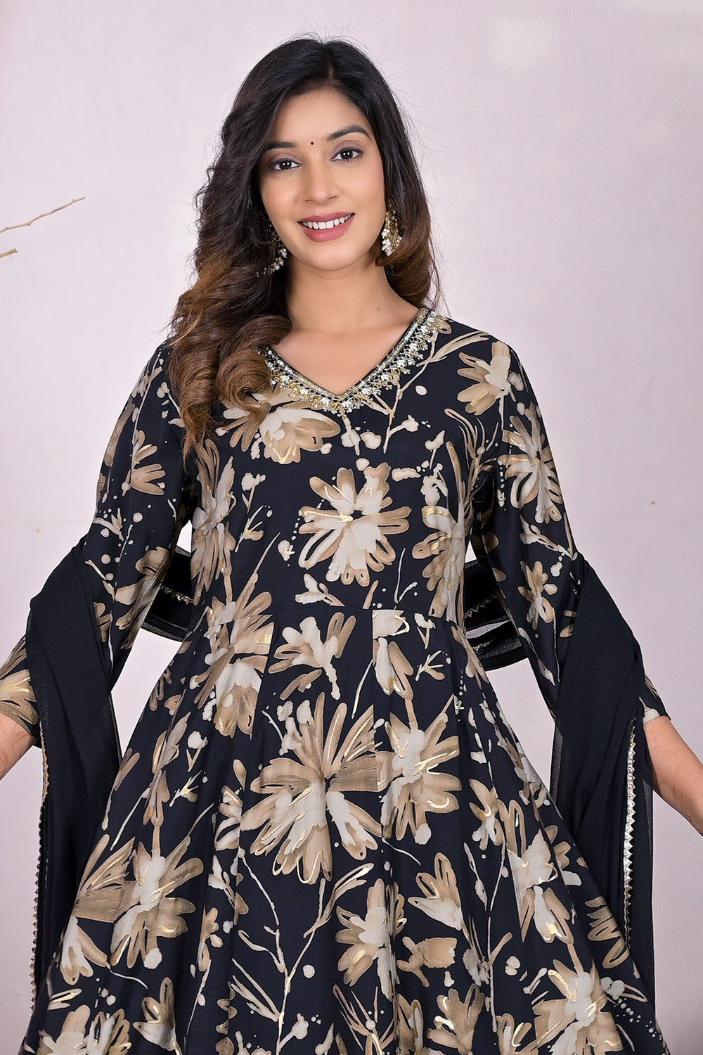 Black Muslin Floral Printed Anarkali Suit