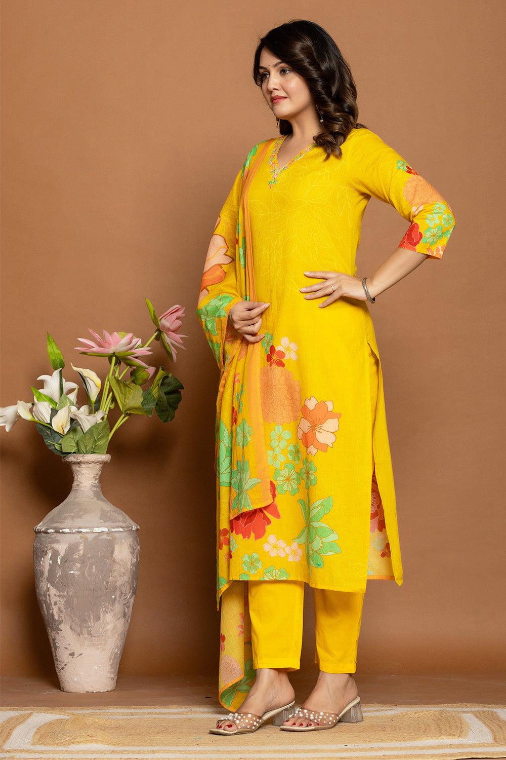 Mustard Floral Printed Cotton Suit Set
