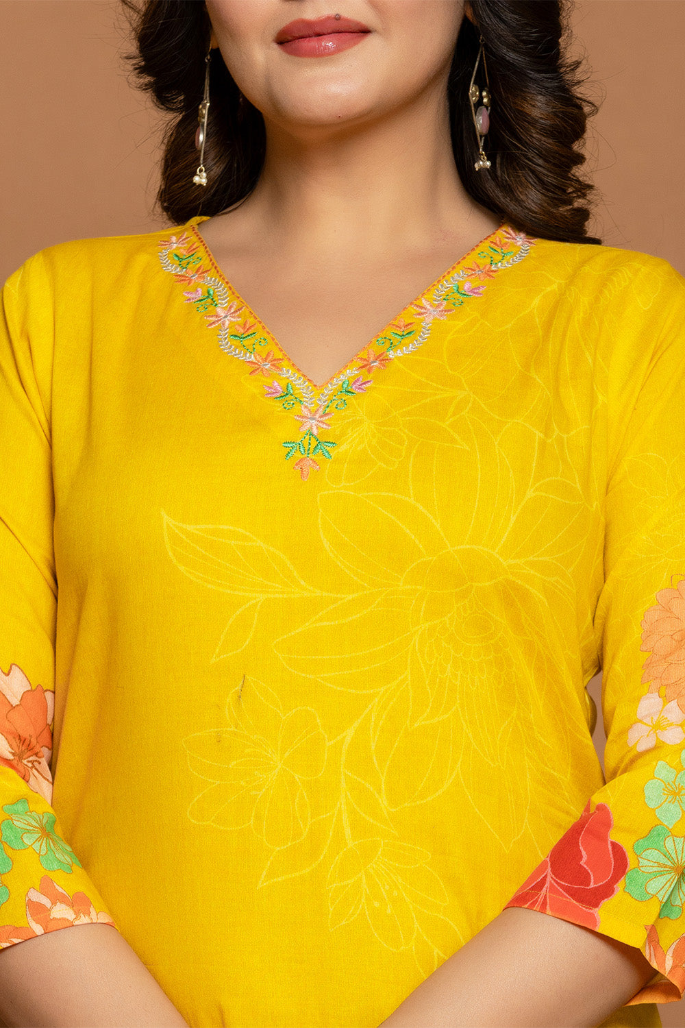 Mustard Floral Printed Cotton Suit Set