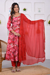 Red Floral Printed Muslin Anarkali Suit