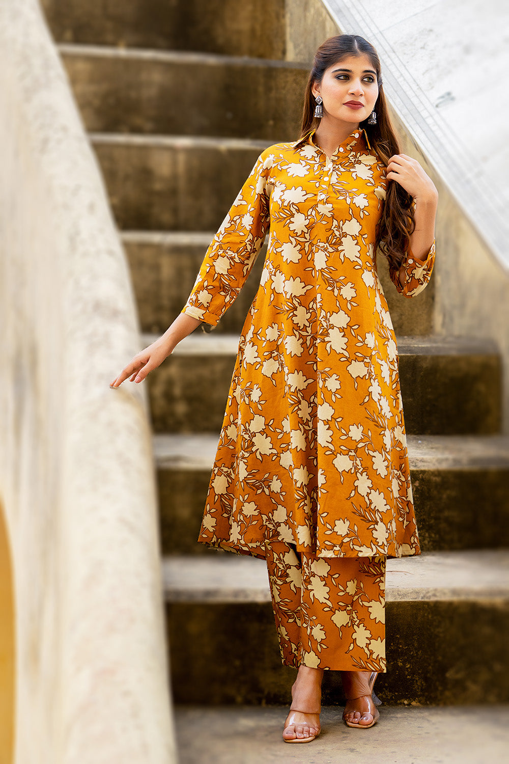 Mustard Floral Vine Printed Cotton Kurta Set