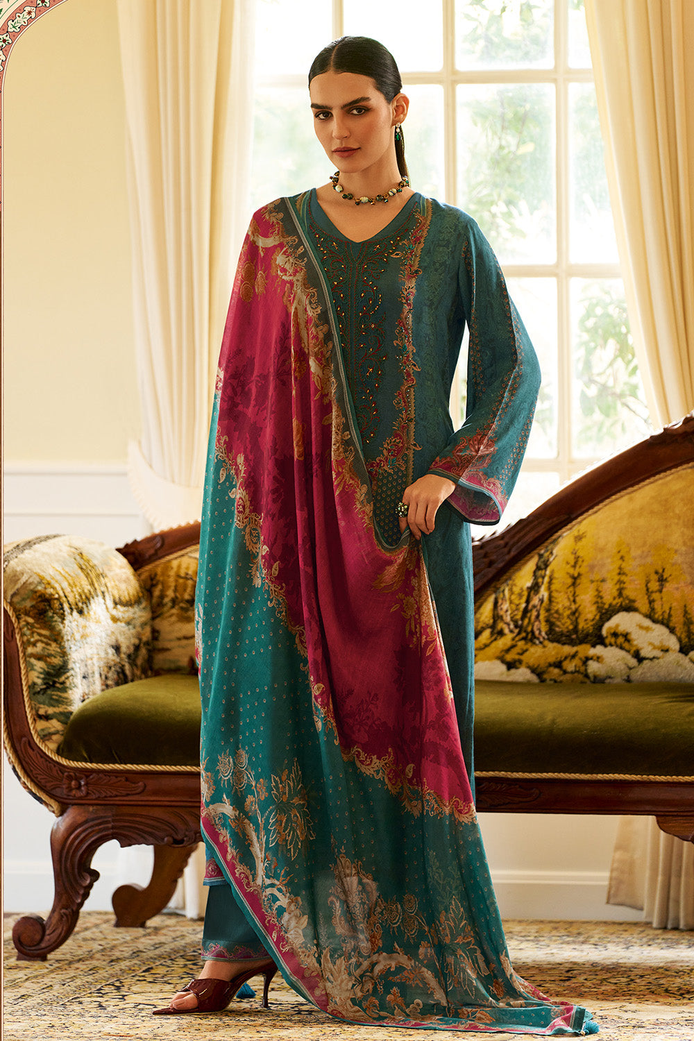 Teal Spun Printed and Embroidered Unstitched Suit Material