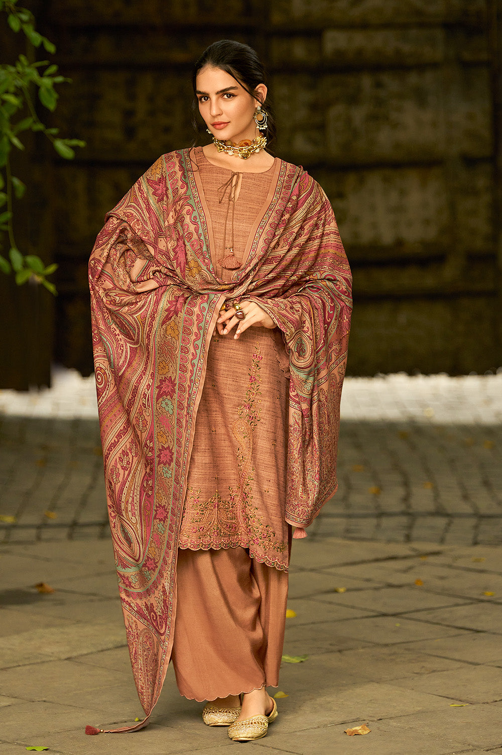 Brown Tussar Silk Resham Floral Embroidered Unstitched Suit Material